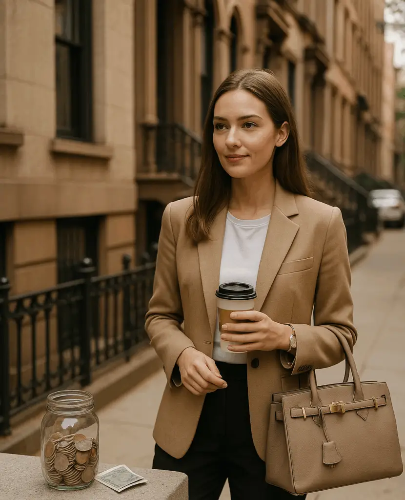Jonge vrouw in een beige blazer, witte T‑shirt en zwarte broek staand op een stadse stoep, met een koffiebeker in de hand, een taupekleurige leren handtas aan haar arm en op een muur naast haar een glazen pot vol munten, alles in zacht, natuurlijk licht.